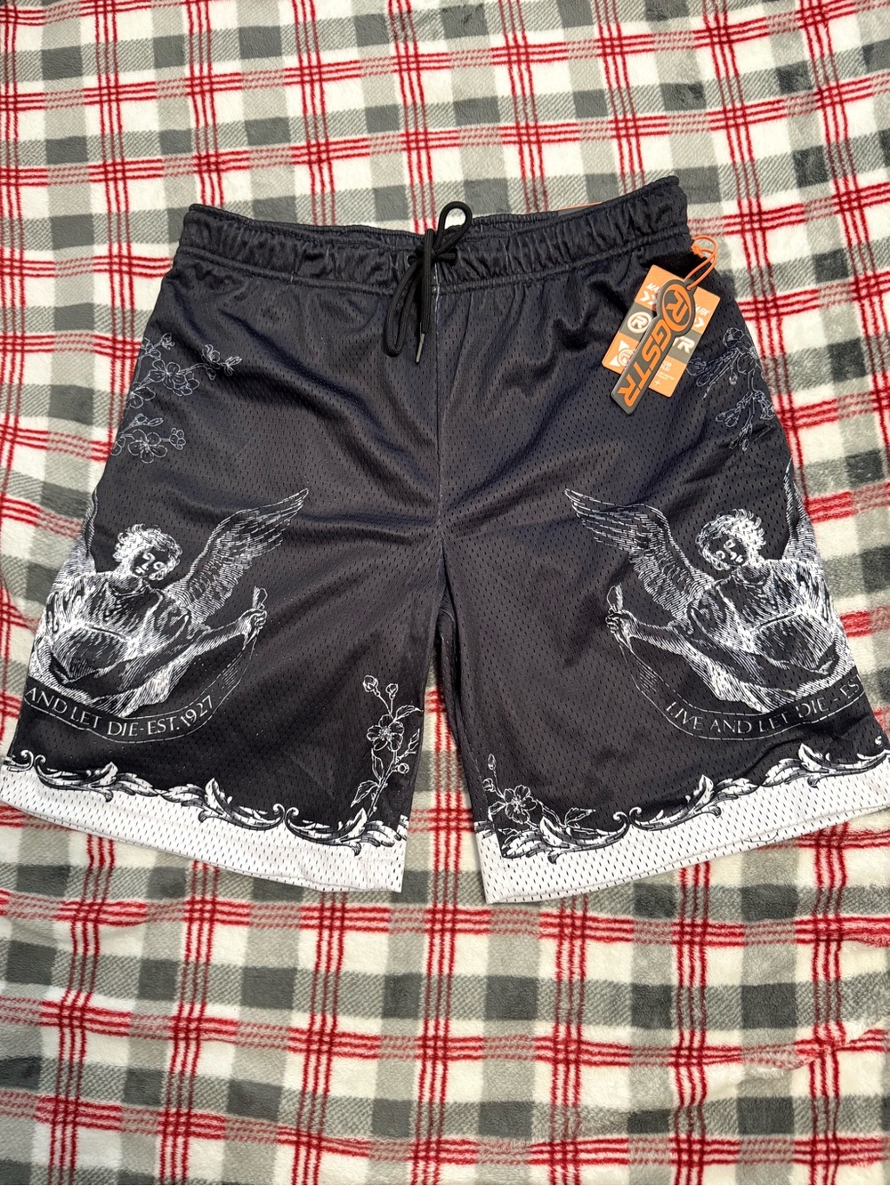Black Graphic Angel Print Athletic Shorts